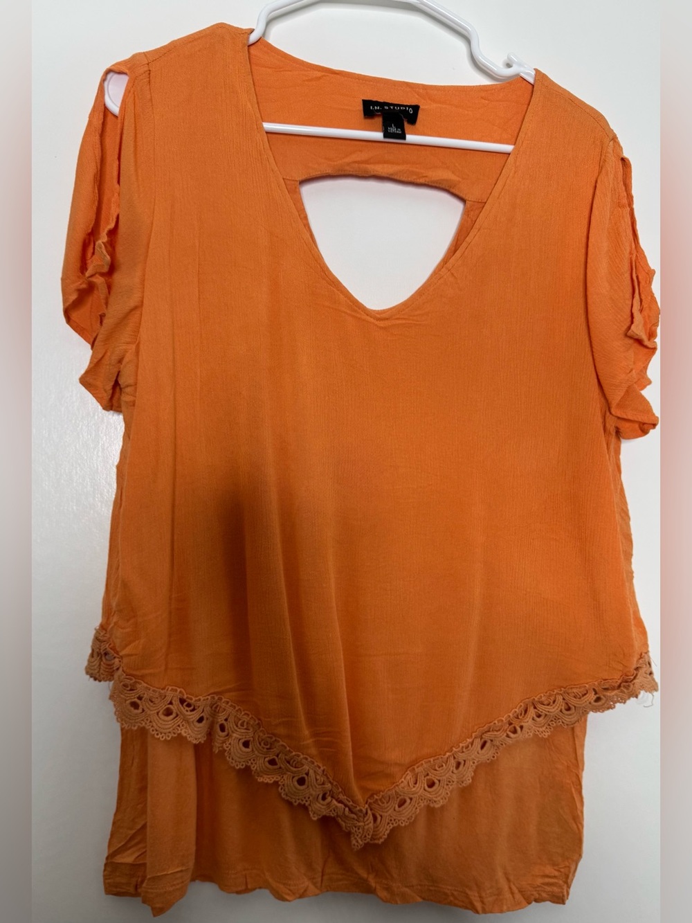 I.N. Studio Orange V-Neck Tunic with Crochet Hem size LG stretch boho short slv